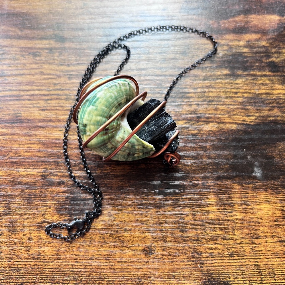 Wire Wrapped Shell and Charcoal Necklace